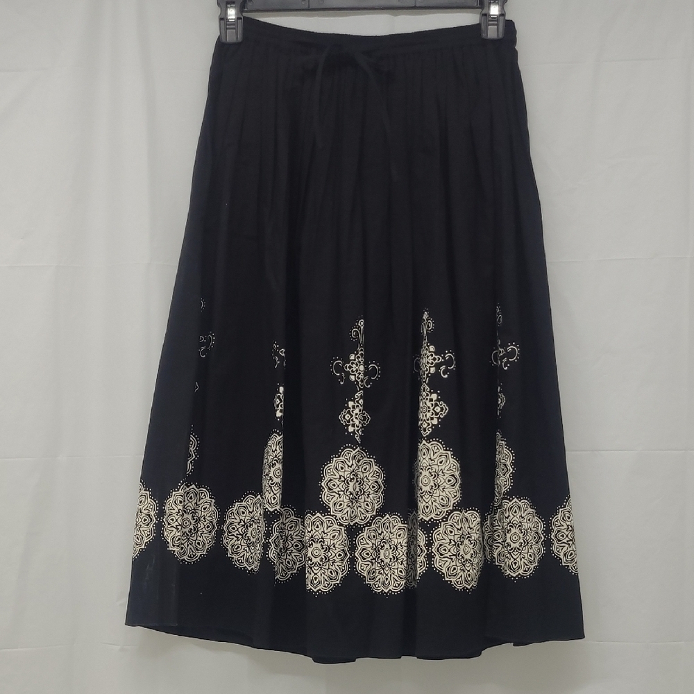 A-Line Skirt Calf Length Black Cream Mandella Print Boho Elastic Waist Pull On